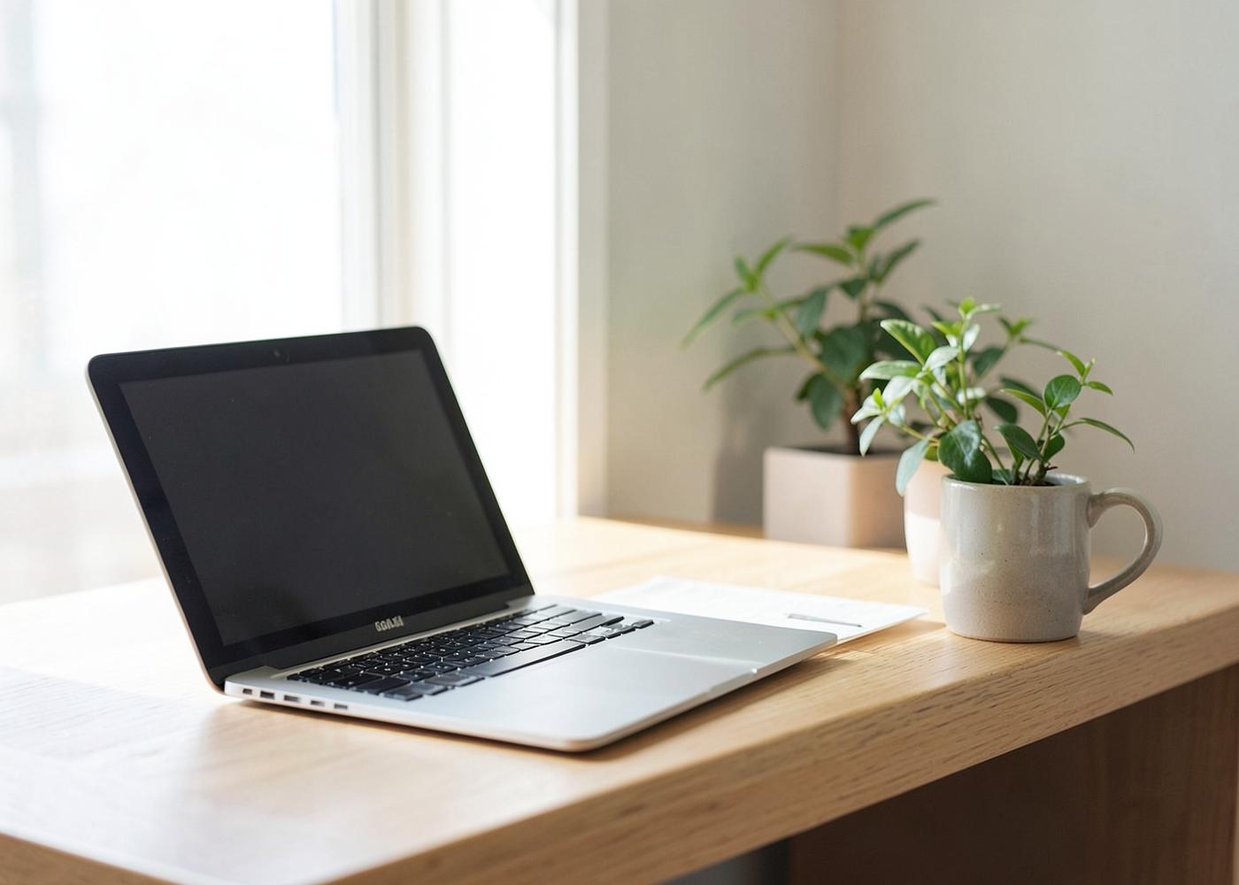 A calm home workspace with a laptop, mug and plant beside a bright window