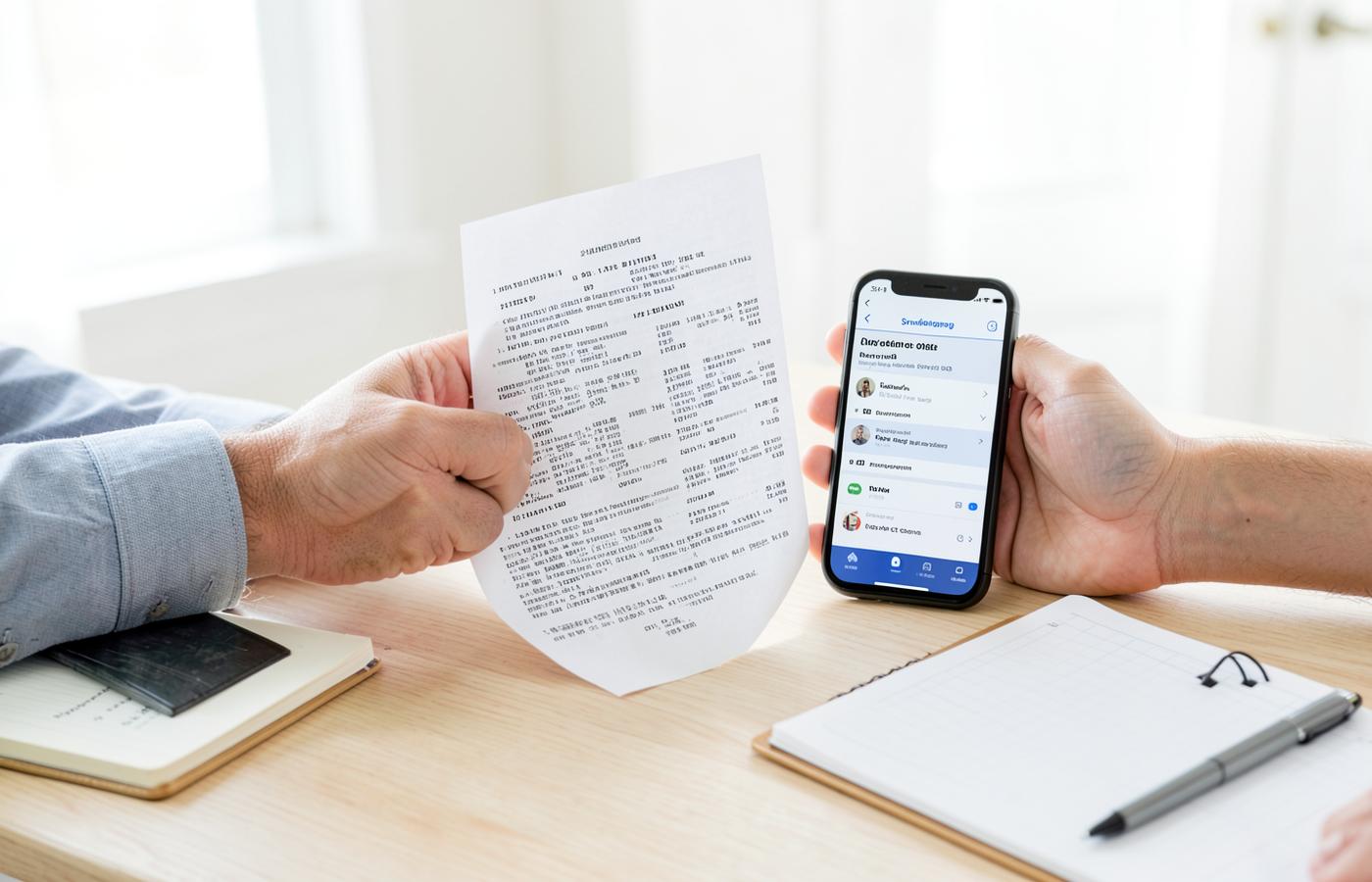 Hands holding a printed bank statement beside a smartphone on a tidy desk
